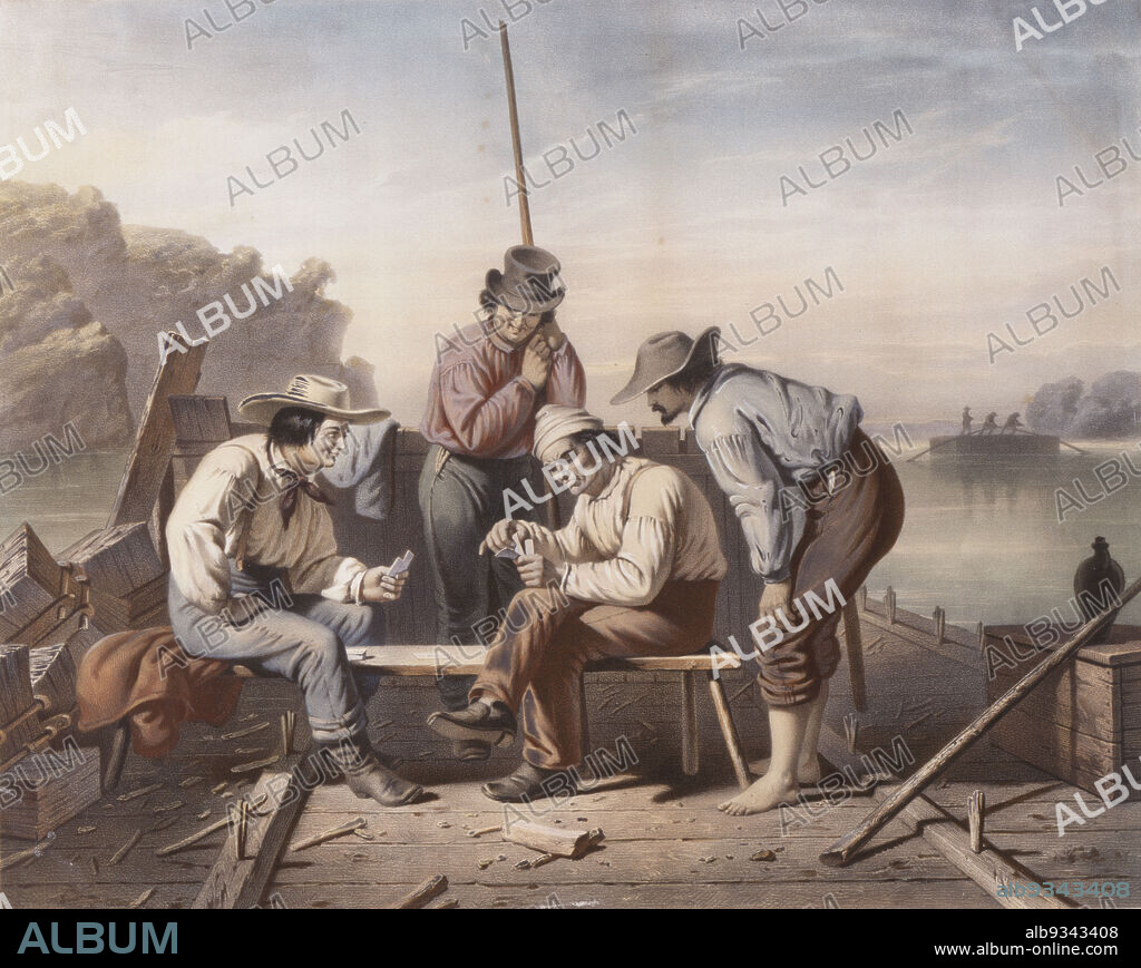 In a Quandry, Mississippi Raftmen Playing Cards, George Caleb Bingham, American, 18111879, Claude Regnier, French, active 18401866, 1852, Hand-colored lithograph, United States, North and Central America, Prints, 14 11/16 x 18 3/4 in. (37.3 x 47.6 cm).