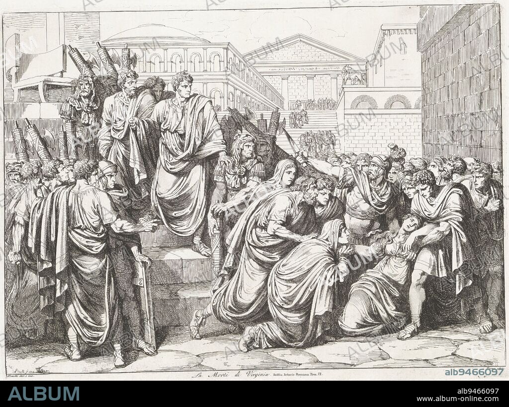 Death of Virginia, Bartolomeo Pinelli, 1817, Virginius kills his daughter Virginia with a sword to spare her the lust of Appius Claudius. The latter had falsely claimed her as his slave. A crowd of Romans looks on., print maker: Bartolomeo Pinelli, (mentioned on object), Bartolomeo Pinelli, (mentioned on object), Rome, 1817, paper, etching, h 315 mm × w 425 mm.