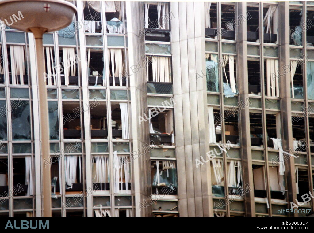 Photograph taken after the 1993 Bishopsgate bombing, when the Provisional Irish Republican Army detonated a powerful truck bomb on Bishopsgate, a major thoroughfare in London's financial district, the City of London.