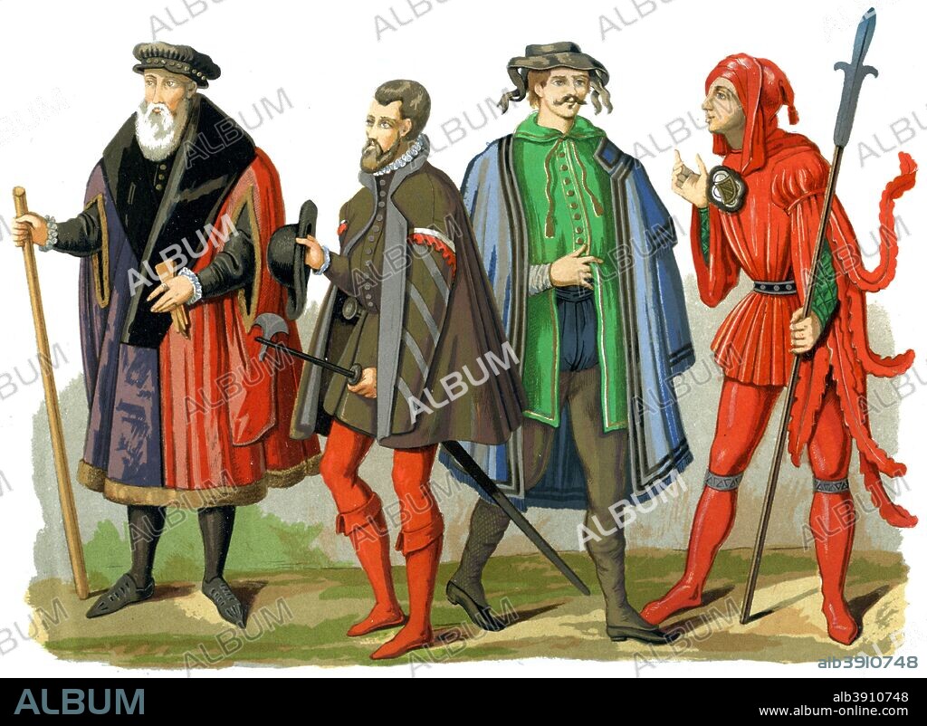 German costumes, 15th-16th century (1849). Featured are a chief magistrate of Cologne in his official garments (1572), an executioner of Cologne (16th century), a messenger of Raguse (16th century) and a judicial messenger (15th century). A 19th century version based on original 15th and 16th century images. From Le Moyen Age et la Renaissance, by Paul Lacroix, Ferdinand Séré and A Rivaud, Volume III (Paris, 1849).