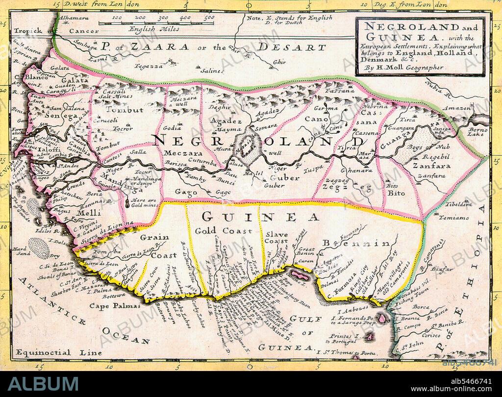 'Negroland and Guinea with the European Settlements, Explaining what belongs to England, Holland, Denmark, etc'. By H. Moll Geographer (Printed and sold by T. Bowles next ye Chapter House in St. Pauls Church yard, & I. Bowles at ye Black Horse in Cornhill, 1729).