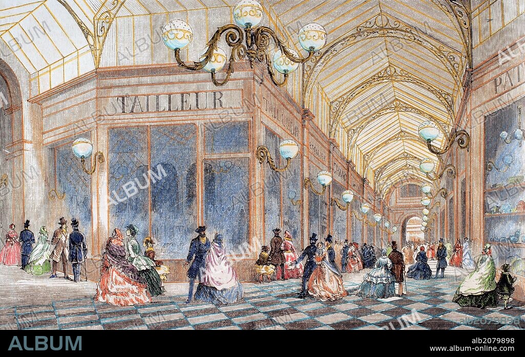SOCIEDAD SIGLO XIX. FRANCIA. "PARIS. VISTA DEL PASAJE MIRES". Grabado coloreado de L'Illustration, año 1860.