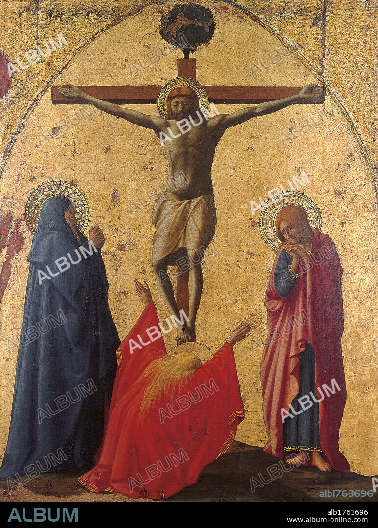 Crucifixion (from Pisa Polyptych), by Tommaso di Ser Giovanni Cassai known as Masaccio, 1426 about, 15th Century, tempera and oil on panel, cm 83 x 63,5. Italy, Campania, Naples, Capodimonte National Museum and Galleries. All. Crucifixion crucified Christ Virgin Mary St Johann kneeling Magdalene cross red gold blond locks hair. Authorization required for non editorial use.