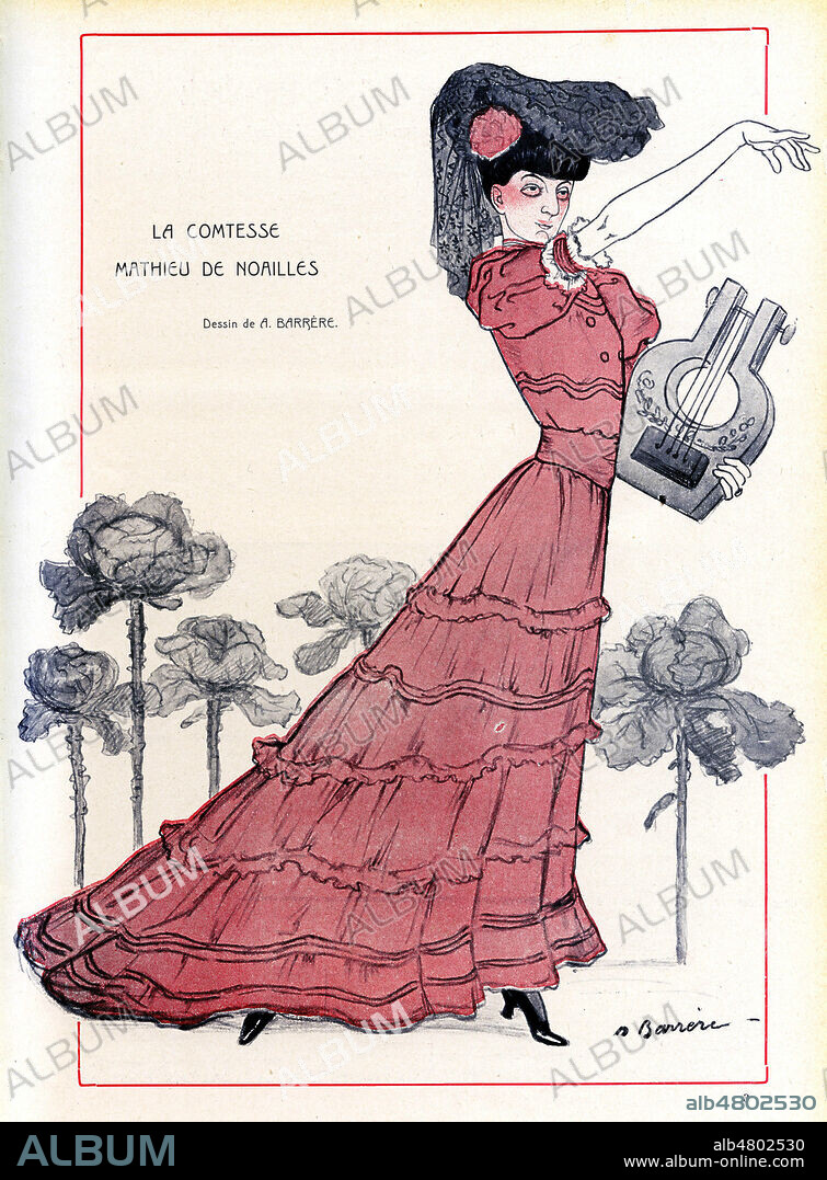 'La comtesse Mathieu de Noailles.' Caricature d'Adrien BARRERE (1874-1931) pour le Fantasio du 15 Aout 1906. Credit : Collection KHARBINE-TAPABOR.