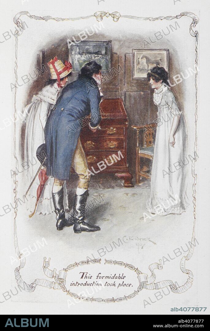 JANE AUSTEN and CHARLES EDMUND BROCK. 'This formidable introduction took place'. Georgina Darcy and her brother, Fitzwilliam Darcy, with Elizabeth Bennet. Illustration to 'Pride and Prejudice', the novel by Jane Austen. Pride and Prejudice. London : J. M. Dent & Sons, 1907. Source: 012208.g.2/3 opposite page 230. Language: English.