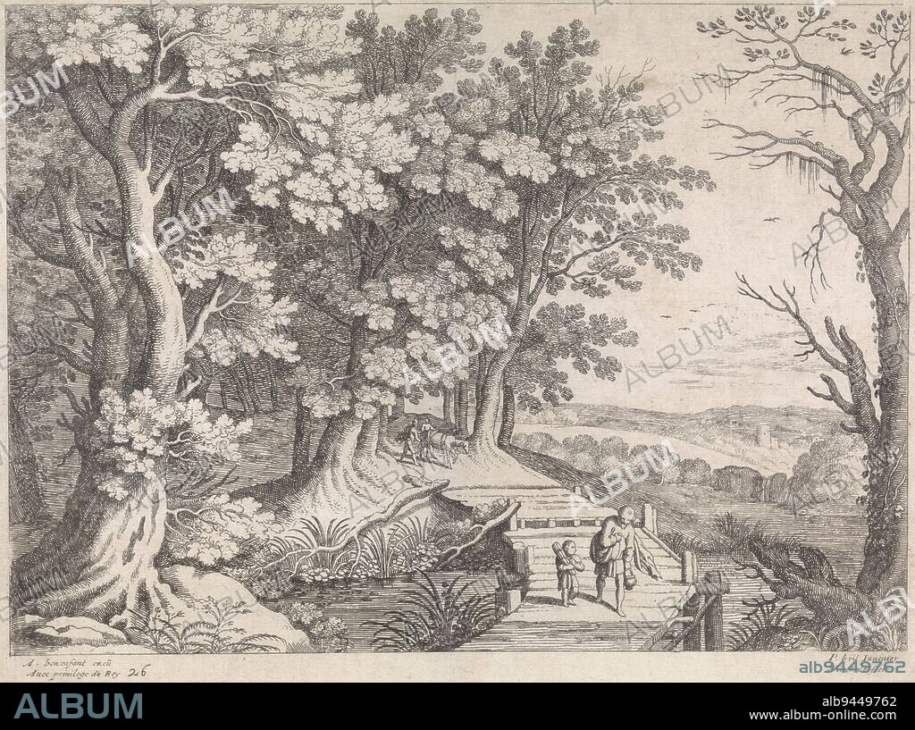 Abraham and his son Isaac, carrying the wood, walk across a wooden bridge in a wooded and hilly landscape to the place of sacrifice. They have left the two servants and the donkey behind. Print from a series of Italian landscapes., Landscape with Abraham and Isaac Italian landscapes (series title), print maker: Willem van Nieulandt (II), (mentioned on object), Paul Bril, (mentioned on object), publisher: Antoine Bonenfant, (mentioned on object), Antwerp, 1594 - 1635, paper, etching, h 234 mm × w 314 mm.