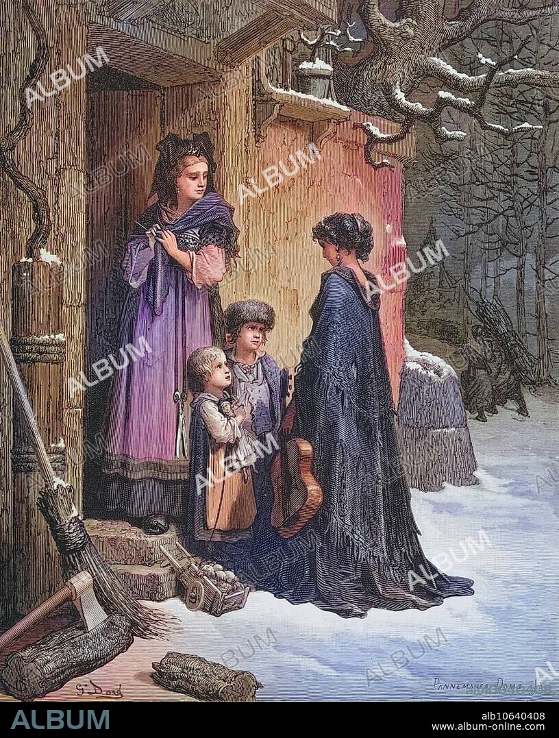 Copper engraving illustrating The Grasshopper and the Ant by Gustave Dore 1832-1883, French artist from Fontaine's Fables by Jean de La Fontaine, Historical, digitally restored reproduction from a 19th century original, Record date not stated.