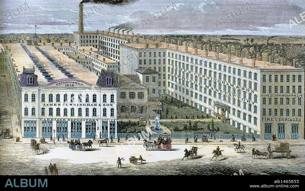 HISTORIA DE LOS ESTADOS UNIDOS DE AMERICA. S. XIX. Fábrica de carruajes "James Cunningham & Son", edificio construído por el arquitecto Ellis Harvey (1884). Rochester (N. Y.). Grabado.