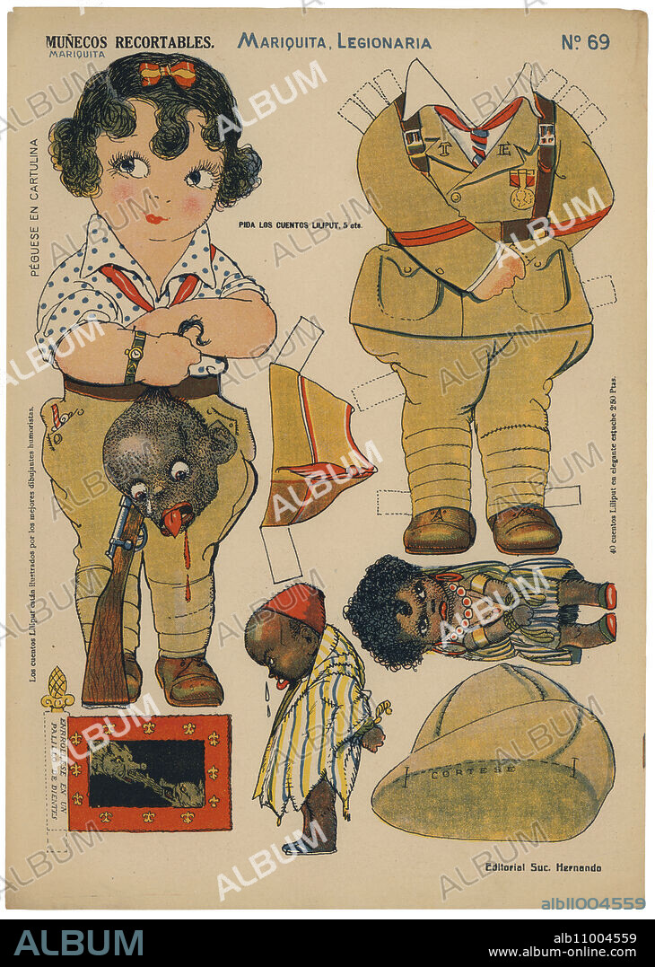 Hoja de muñecos recortables, Mariquita legionaria, de Editorial Hernando, de Madrid, dibujo de una niña legionaria sosteniendo la cabeza decapitada y sangrienta de un moro. Años 1930.