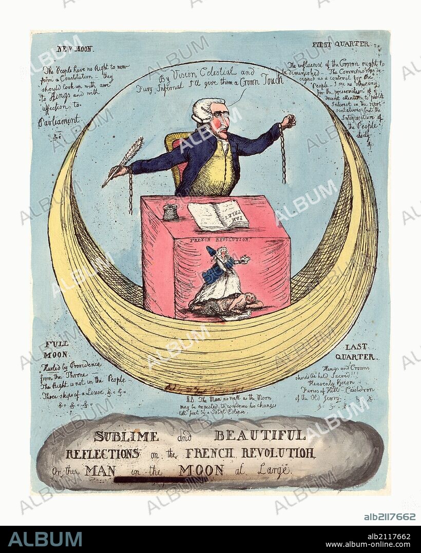 Sublime and beautiful reflections on the French revolution, or the man in the moon at large, engraving 1790, Edmund Burke sitting at a desk on a crescent moon, holding a quill pen, an open pamphlet and an inkwell are on the desk, broken chains hang from his wrists; a scene on the front of the desk, labeled French Revolution shows a woman holding a liberty cap and a crown, standing on a man holding a chain.