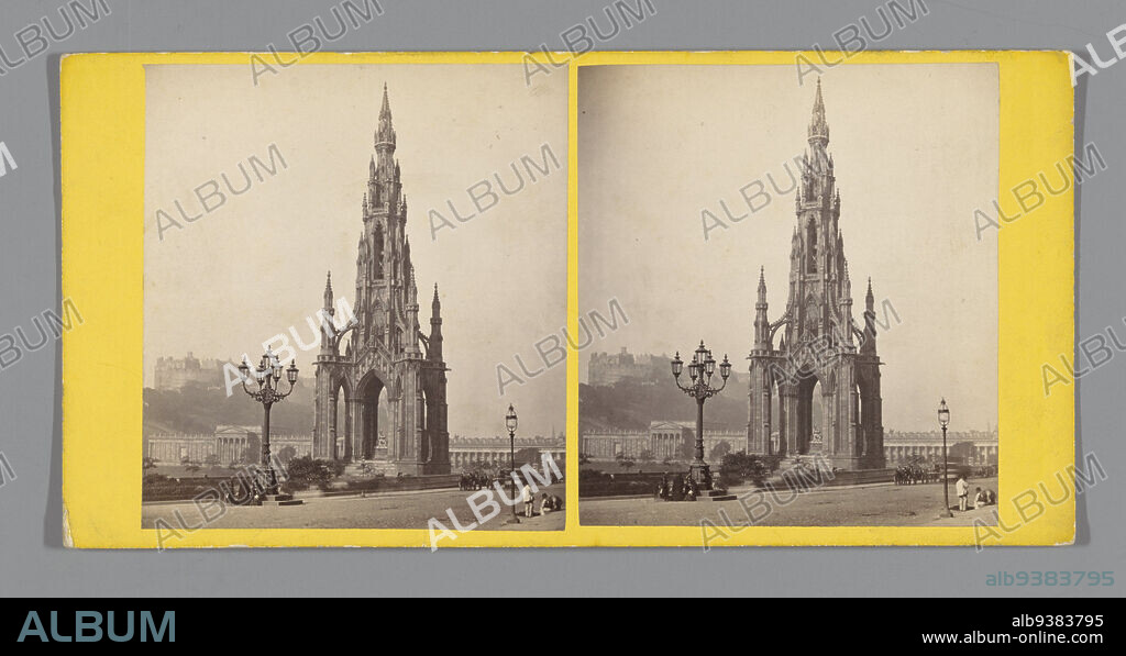 The Scott Monument in Edinburgh, Sir Walter Scott's Monument, Edinburgh (title on object), George Washington Wilson (mentioned on object), Edinburgh, c. 1850 - c. 1880, cardboard, albumen print, height 85 mm × width 170 mm.
