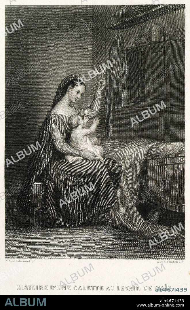 Histoire d'une galette au levain de mais. Paquette Chantefleurie et sa fille Agnes. Illustration de 1836 par Alfred JOHANNOT (1800-1837) pour Notre Dame de Paris par Victor HUGO (1802-1885). Credit : Collection KHARBINE-TAPABOR.