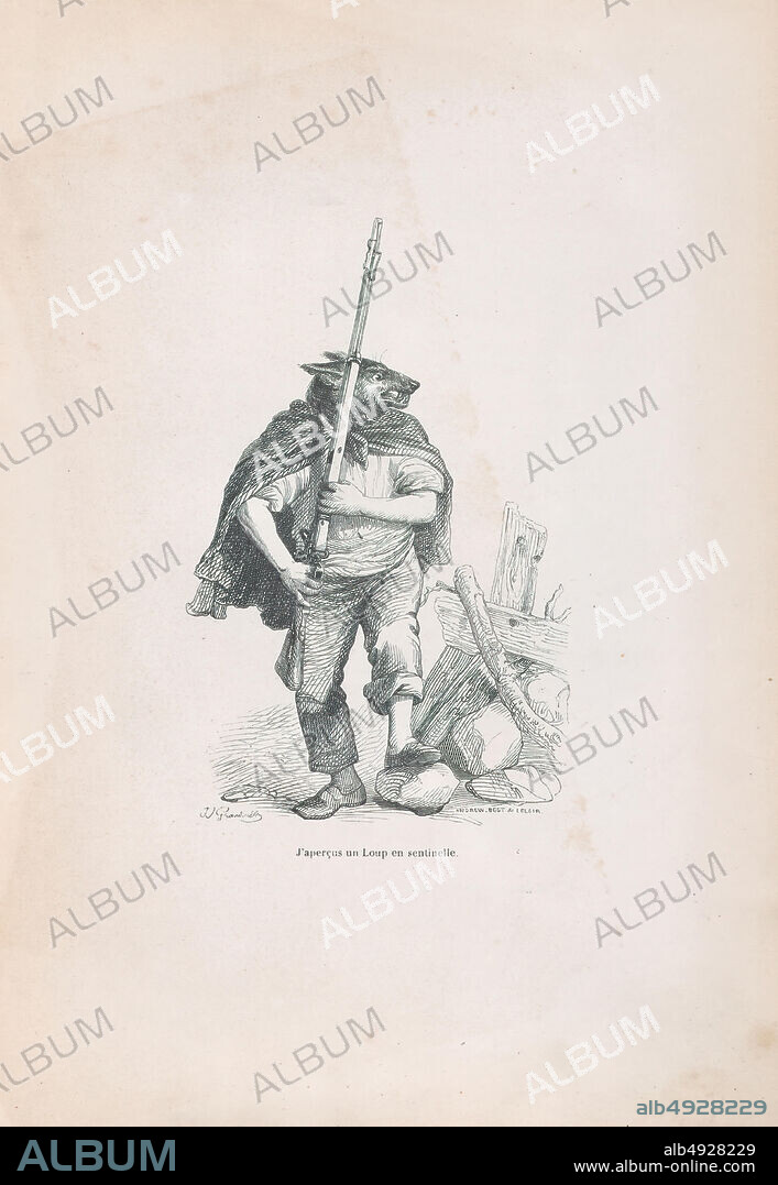 J. J. Grandville, 'I saw a wolf standing guard' from Scenes from the Private and Public Life of Animals, Scenes de la Vie Privèe et Publique des Animaux, J. J. Grandville (French, Nancy 18031847 Vanves), Andrew, Best, Leloir (French), Honoré de Balzac (French, Tours 17991850 Paris), ca. 183747, Wood engraving, Sheet: 10 3/8 × 7 3/16 in. (26.3 × 18.2 cm), Prints.