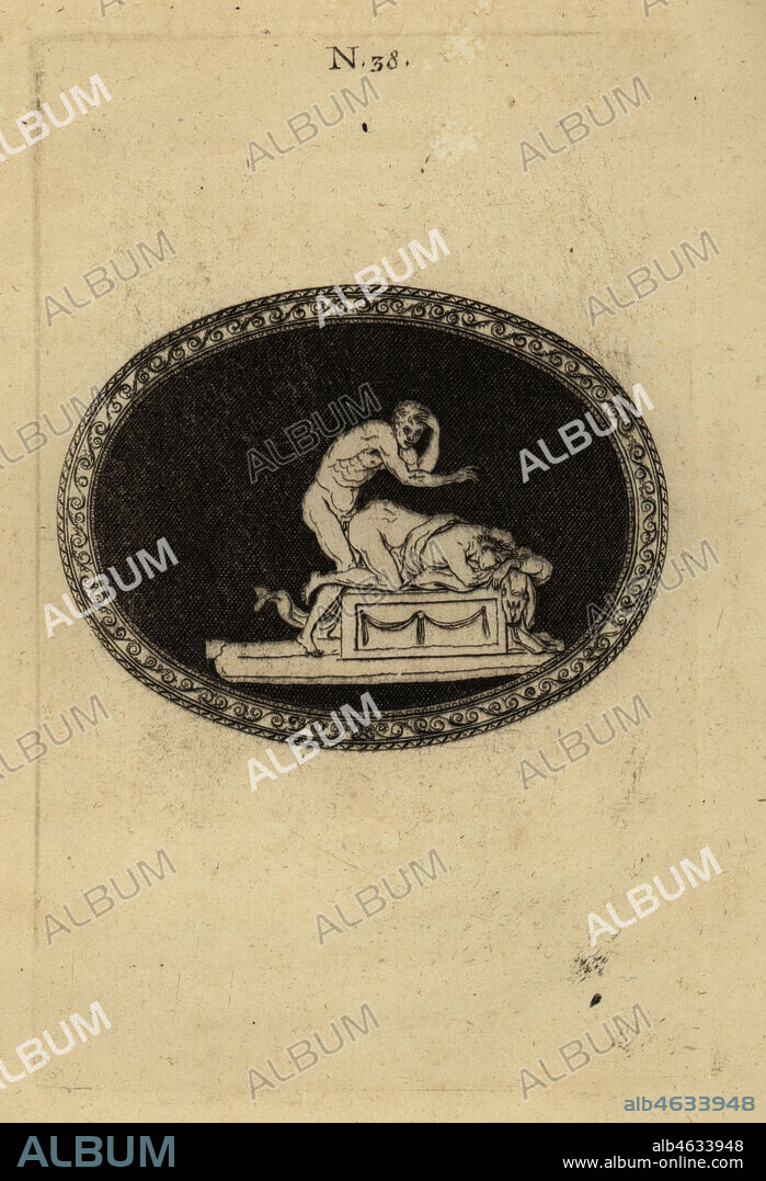 Emperor Nero takes the role of the bride to the freedman Doryphorus. Neron et Doryphorus. Copperplate engraving from Pierre-Francois d'Hancarvilles Monumens de la Vie Privee des Douze Cesars, Chez Sabellus, Capri (Monuments of the Private Lives of 12 Caesars, Leclerc, Nancy) 1780. From imaginary Spintria, medals and cameos.