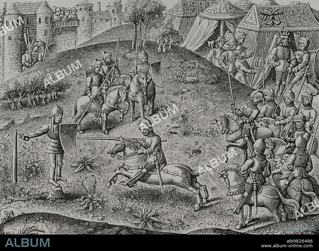 Ejercicio del estafermo. Entrenamiento de la caballería medieval. Un maniquí, montado sobre un pivote giratorio con escudo servía para que los corredores a caballo simularan situaciones reales de combate. Grabado del siglo XIX por Huyot a partir de una miniatura de las "Crónicas de Carlomagno", de mediados del siglo XV. "Vie Militaire et Religieuse au Moyen Age et à l'Epoque de la Renaissance". París, 1877.