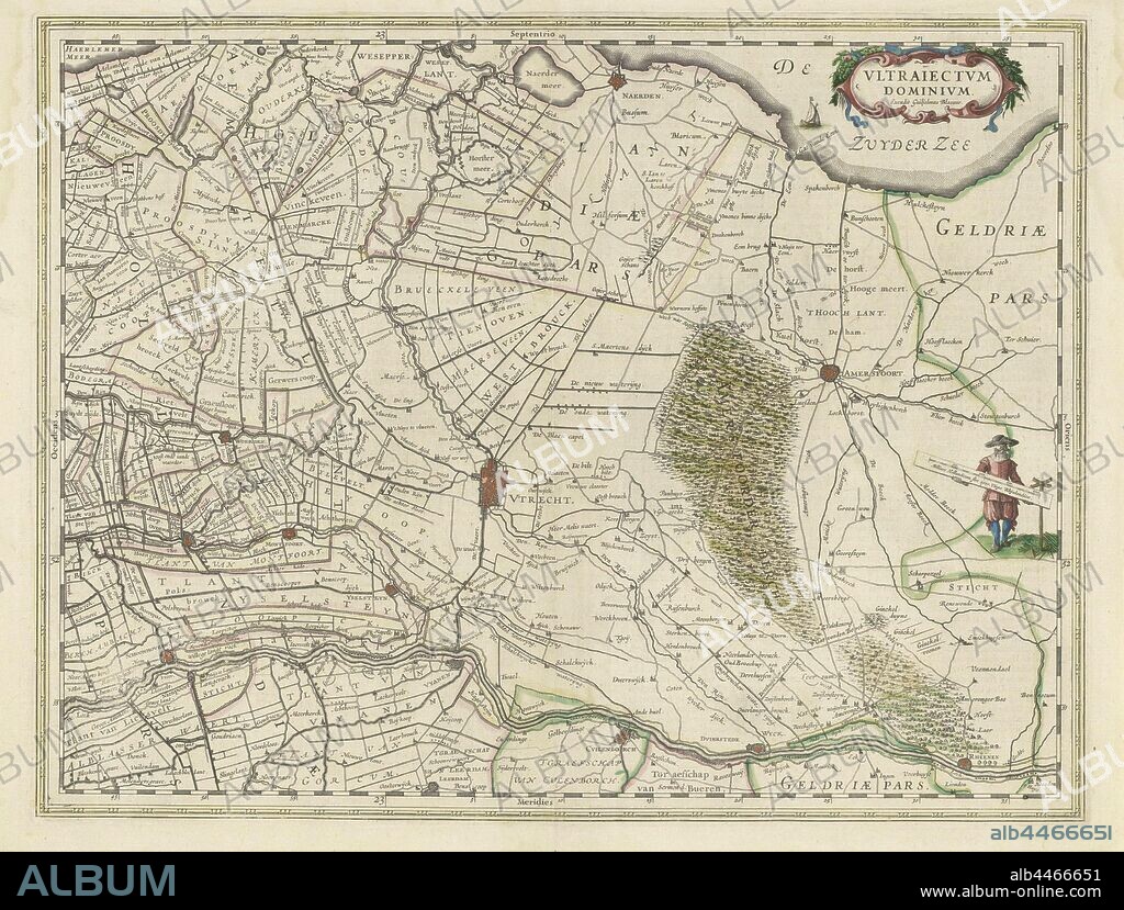 Map of the province of Utrecht, Vltraiectvm Dominivm (title on object), Map of the province of Utrecht on a scale of 1: 150 000 with the north on the right. Top right a cartouche with the title. Right: a standing surveyor with a distance bar in his hand that indicates a scale in Dutch miles, maps of separate countries or regions, Eemland, Willem Janszoon Blaeu (mentioned on object), 1630, paper, engraving, h 387 mm × w 505 mm.