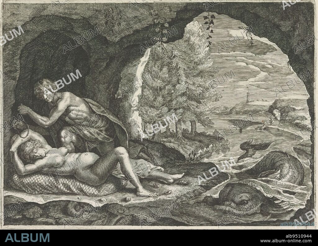 Peleus stalks the sleeping Thetis, Metamorphoses of Ovid (series title), The sea nymph Thetis is sleeping in a cave on the bank of a river. Peleus stalks her and is about to tie her up., print maker: Crispijn van de Passe (II), publisher: Crispijn van de Passe (II), (attributed to), c. 1636 - 1670, paper, engraving, height 167 mm × width 230 mm.