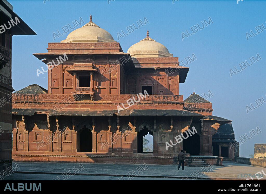 Palace of Birbal, by Unknown Artist, 1571, 16th Century,. India, Uttar Pradesh, Agra, Fatehpur Sikri, Palace of Birbal. Fathpur Sikri, view of the Palace of Birbal. Unusual plan, ground floor with four square rooms brown hues tones balconies consoles. 2009 photograph.