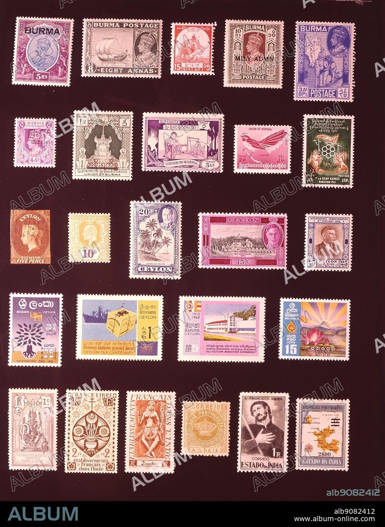 ASIA - INDIAN SUB-CONTINENT: (left to right) 1. Burma, 5 rupees, 1937, 2. Burma, 8 annas, 1938, 3. Burma, 15 cents, 1943, 4 Burma, 10 rupees, 1945, 5. Burma, 3 annas 6 pies, 1946, 6. Burma, 4 annas, 1947, 7. Burma, 1 rupee, 1949, 8. Burma, 3 annas, 1949, 9. Burma, 2 pyas, 1964, 10. Burma, 25 pyas, 1961, 11. Ceylon, 5 pence, 1857, 12. Ceylon, 10 cents, 1910, 13. Ceylon, 20 cents, 1935, 14. Ceylon, 15 cents, 1947, 15. Ceylon, 25 cents, 1949, 16. Ceylon, 25 cents, 1960, 17. Ceylon, 1 rupee, 1967, 18. Ceylon, 5 cents, 1968, 19. Sri Lanka, 15 cents, 1972, 20. French Indian Settlements, 1 centime, 1914, 21. French Indian Settlements, 2 caches, 1942, 22. French Indian Settlements, 2 caches, 1948, 23. Portuguese India, 4.5 reis, 1882, 24. Portuguese India, 1 reis, 1946, 25. Portuguese India, 2 escudos, 1959.