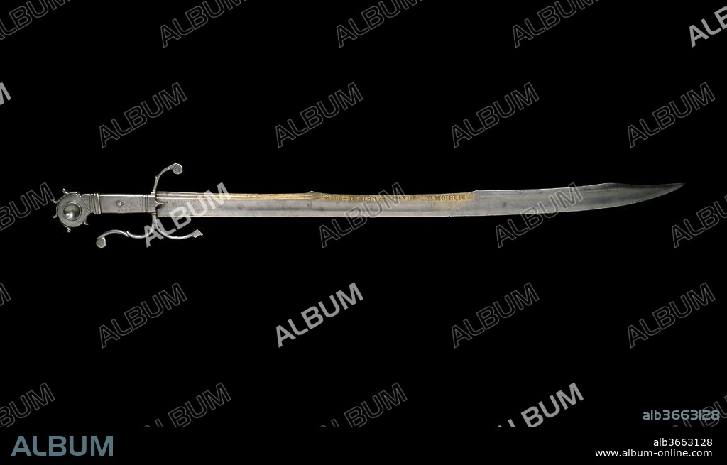 Falchion. Culture: Italian, Venice. Dimensions: L. 36 in. (91.4 cm); Wt. 2 lb. 3 oz. (981 g). Date: ca. 1490.
Falchion refers to a type of curved sword that was used in Europe from about 1200. This is one of the few to survive from the late fifteenth century. Its long narrow blade and interlaced decoration on the hilt suggest the Middle Eastern influence that was an important feature in Venetian and Spanish art.