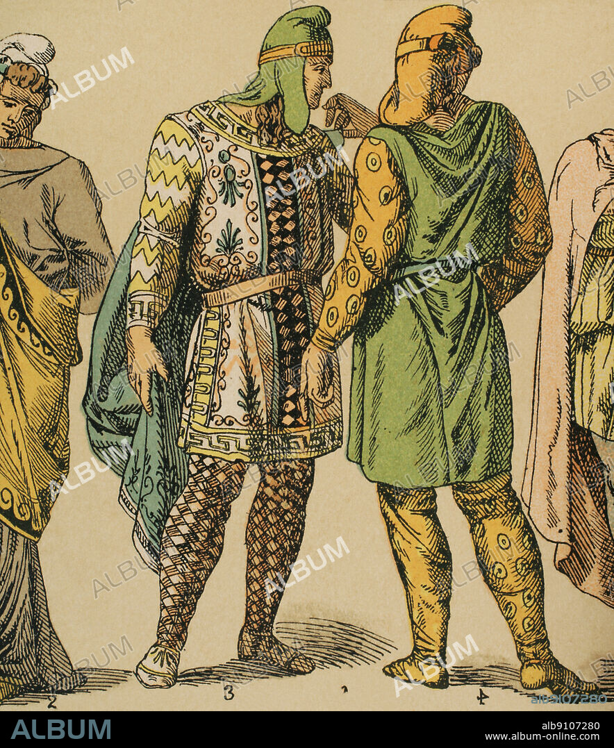 Historia Antigua. Península Anatólica. Lidios, frigios y troyanos. Trajes modernos de estilo persa. Cromolitografía. "Historia Universal" por César Cantú. Tomo I, 1881.