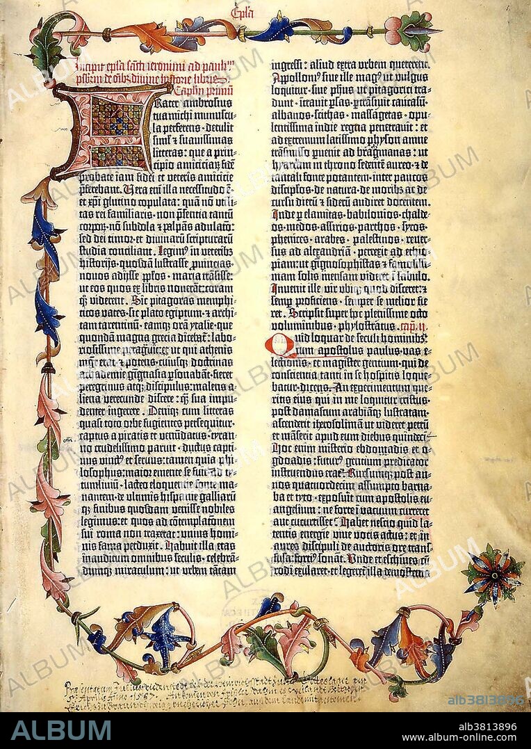 The Gutenberg Bible (also known as the 42-line Bible, the Mazarin Bible or the B42) was the first major book printed with a movable type printing press, and marked the start of the "Printing Revolution" and is widely regarded as the most important event of the modern period. It is an edition of the Vulgate (4th-century Latin translation of the Bible), printed by Johannes Gutenberg, in Mainz, Germany, in the 1450s.