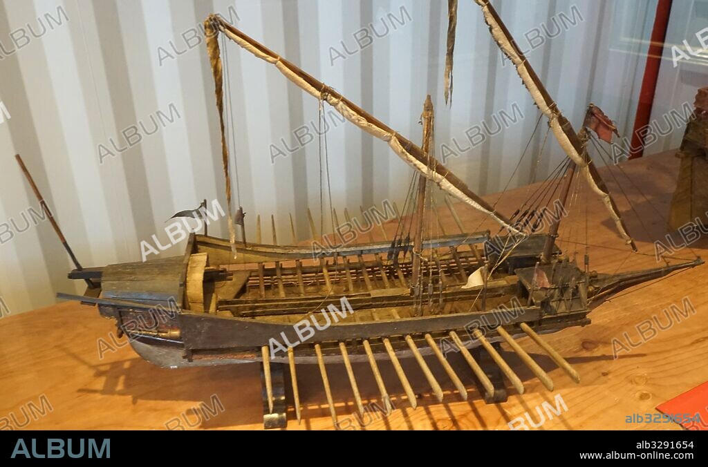 model of a 16th century galley from the Battle of Lepanto 1571. The Battle of Lepanto was a naval engagement taking place on 7 October 1571 in which a fleet of the Holy League, a coalition of European Catholic maritime states arranged by Pope Pius V, led by Spanish admiral Don Juan of Austria and mostly financed by Spain, decisively defeated the fleet of the Ottoman Empire on the northern edge of the Gulf of Corinth, off western Greece.