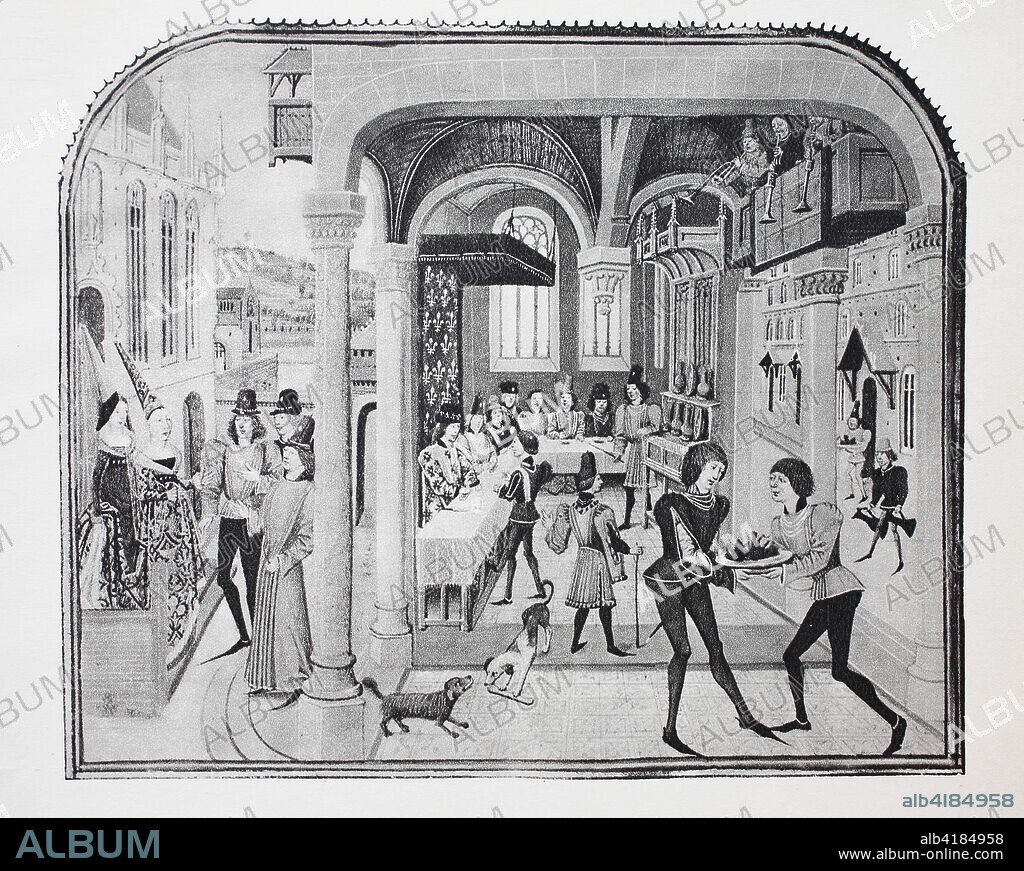 Clothing, Burgundian fashion in Flemish 15th-century illumination, shows the reception and table at the court of the Burgundy duke, the ladies with high, pointed burgundy hood, the Hennin, men wearing short jacket or long skirt and beak shoes, digital improved reproduction of an original print from the 19th century.