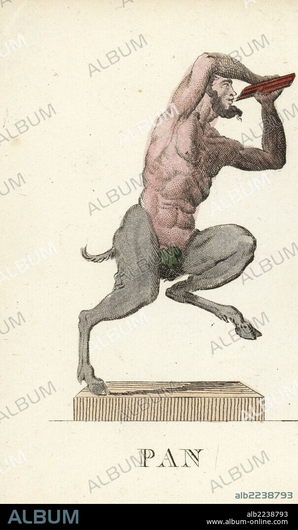 Pan, Greek god of nature, depicted with beard, figleaf, goat legs and pan pipes. Handcoloured copperplate engraving engraved by Jacques Louis Constant Lacerf after illustrations by Leonard Defraine from "La Mythologie en Estampes" (Mythology in Prints, or Figures of Fabled Gods), Chez P. Blanchard, Paris, c.1820.