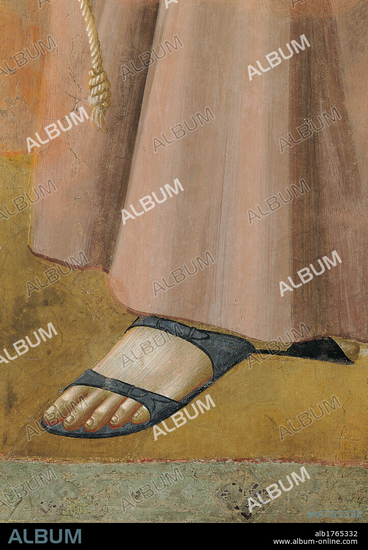 The Apparition to Fra Agostino and to Bishop Guido of Arezzo, by Giotto, 1300-1300, 14th Century, fresco, cm 270 x 230. Italy, Umbria, Perugia, Assisi, Upper Basilica of San Francesco, nave. Detail. Foot friar monk sandal footwear shoe habit hem garment.