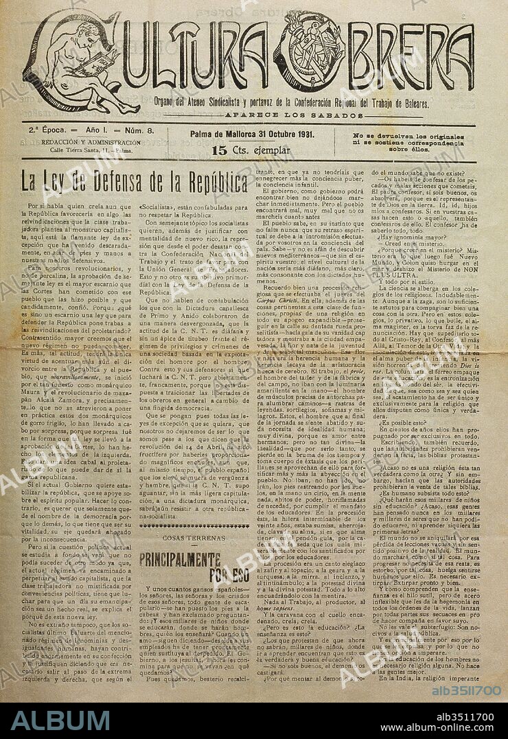 Prensa española, siglo XX. "Cultura Obrera". Organo sindical mallorquín. Semanario. 2ª epoca. Año 1, número 8, 31 de octubre de 1931. Biblioteca March. Palma de Mallorca, Islas Baleares, España.