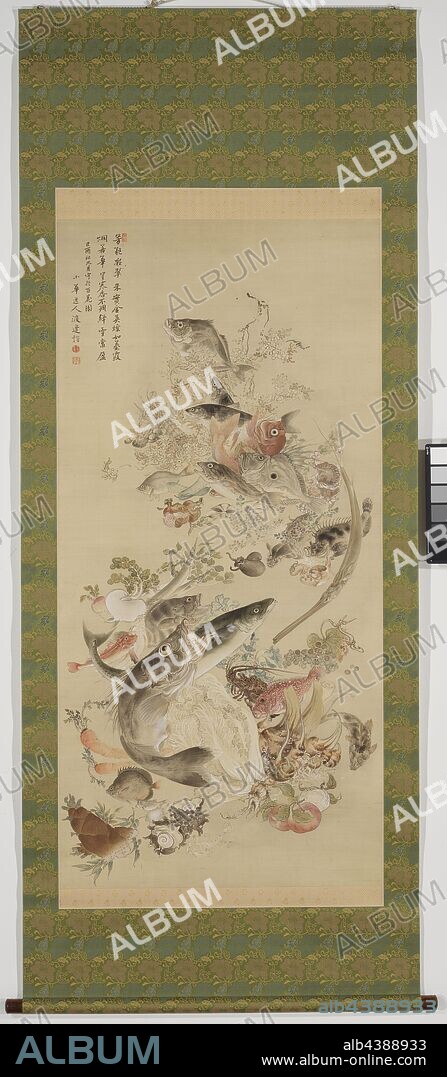 Fish, Crustaceans and Vegetables, Shoka Watanabe (Japanese, 1835-1887), Edo, 1849, ink, color and gofun on silk, 97-3/4 x 41-3/8 in. (installed), Signed: Shoka itsujin Watanabe Kai Rectangular vertical intaglio seal preceding inscription, 2 seals following the signature, on intaglio and one relief, Asian Art.