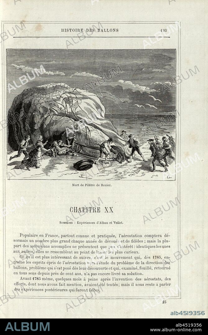Death of Pilâtre de Rozier, Jean-François Pilâtre de Rozier and Pierre Romain after the crash of their hot air balloon on 15 June 1785, Signed: Tellier: CL, Fig. 39, p. 193, Tellier, Edmond (sc.), 1876, Alfred Sircos; Th. Pallier: Histoire des ballons et des ascensions célèbres avec une préface de Nadar: dessins de A. Tissandier [...]. Paris: F. Roy, 1876.