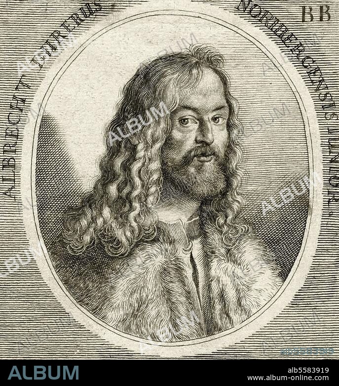 Dürer, Albrecht; Maler u. Graphiker. Nürnberg 21.5.1471 - ebd. 6.4.1528. - "ALBRECHT DURERUS NORIBERGENSIS IUNI-OR". Kupferstich, gez. v. Joachim von Sandrart, gest. v. Philipp Kilian, nach Selbstbildnis Dürers, 1511, auf dem Dreifaltigkeitsbild. Aus: J. v. Sandrart, Teutsche Academie, Nürnberg (S.Froberg) 1675-79. Berlin, Sammlung Archiv für Kunst und Geschichte.