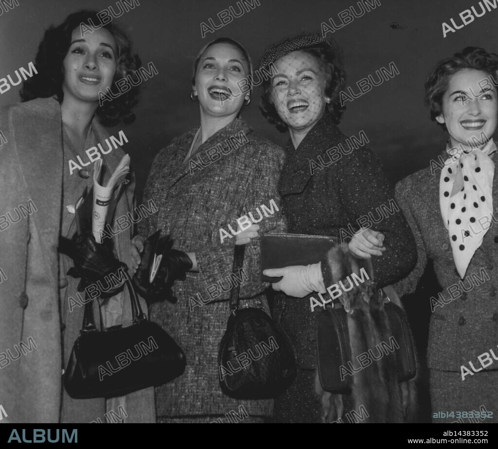 Italian Invasion Begins To-Day.Photo Shows: Four of the stars.. left to Marissa Belli, Gianna Maria Canale, Nadia and Irene Genna.The biggest invasion of Latin ***** Italian film-makers and male heart-***** London has ever known, began to-day when a number of Italian film stars and producers arrived at London airport for the Italian film Festival.For the next ten days Italy will be showing off its new-found prowess in the film world, a success which has made it second to Hollywood in exports to Screens in other countries. October 21, 1954. (Photo by Paul Popper, Paul Popper Ltd).