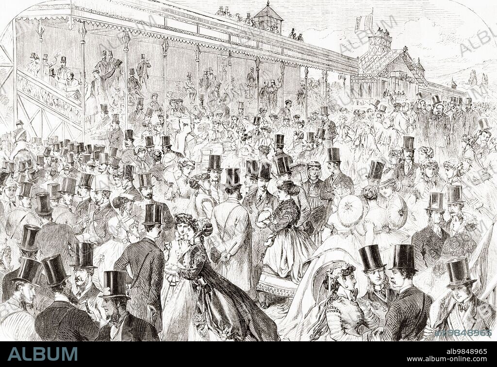 The Longchamp Racecourse ( Hippodrome de Longchamp), Route des Tribunes, Bois de Boulogne, Paris, France in the 19th century. From L'Univers Illustre published 1867.