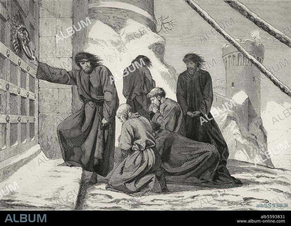 Henri IV, empereur allemand ; 1050-1106. "Henri IV dans la cour du château de Canossa". (25-27 janvier 1077. Henri obtient, ap. une pénitence de trois jours, l'annulation de son excommunication par le pape Grégoire VII. Gravure sur bois, vers 1890, d'ap. un dessin de Hubert von Heyden (1860-1911). 17,5 × 24,6 cm. Berlin, Sammlung Archiv für Kunst und Geschichte.