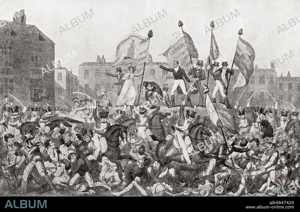 The Peterloo Massacre, St Peter's Field, Manchester, England, 1819.  The cavalry charged into a crowd of 60,000â€“80,000 who had gathered to demand the reform of parliamentary representation.  From The Martyrs of Tolpuddle, published 1934.