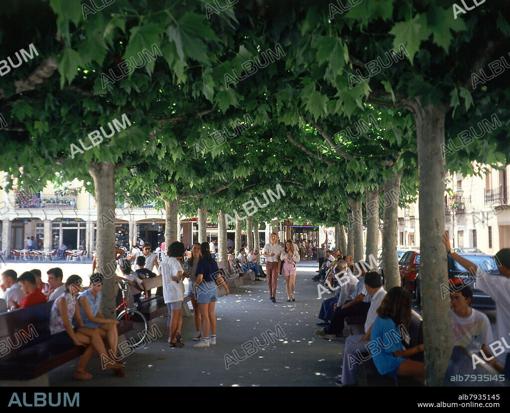 PLAZA MAYOR DE BURGO DE OSMA - PASEO CON ARBOLES Y BANCOS CON GENTE - FOTO AÑOS 90.