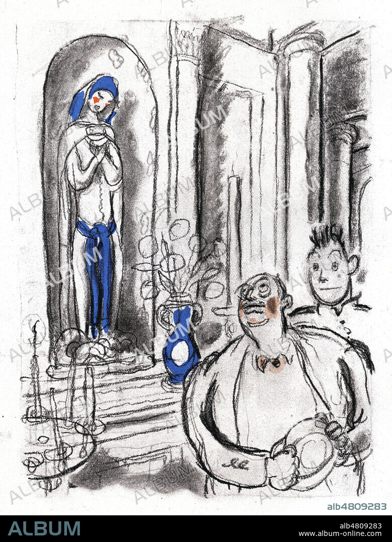 Peppone offrant cinq cierges a la Vierge devant Don Camillo. Illustration de 1956 par Gus BOFA (1883-1968) pour Le petit monde de Don Camillo de Giovanni GUARESCHI (1908-1968). ADAGP. Credit : Collection Jonas/Kharbine-Tapabor.