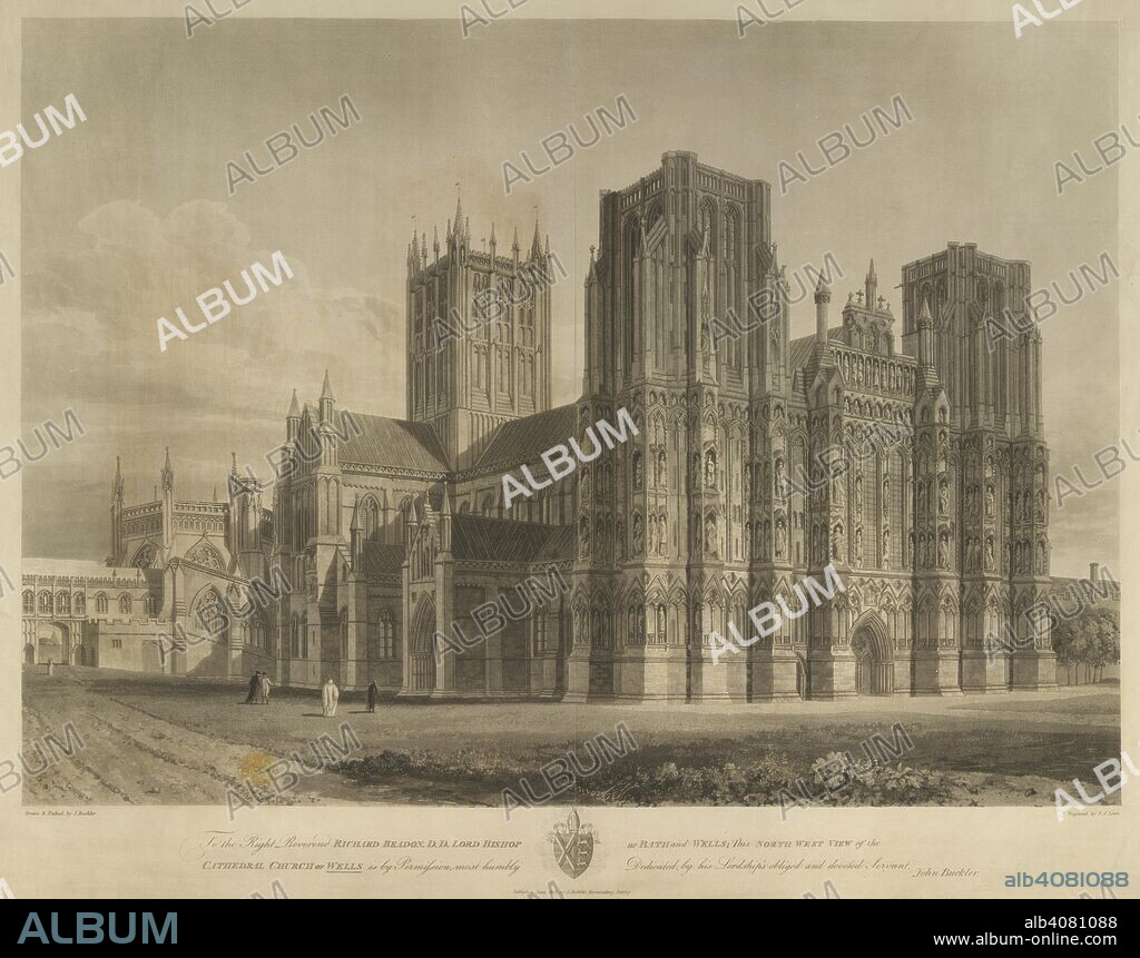 Wells Cathedral showing the twin square towers flanking the west end, with angle buttresses decorated with statues of saints in niches, the square tower over the transepts behind it. A figure approaching along a path from an archway under a gallery leading from the left to the octagonal chapter house on the south east corner and four figures, including a cleric, walking towards the building. To the Right Reverend RICHARD BEADON D.D. LORD BISHOP OF BATH and WELLS; this NORTH WEST VIEW of the : CATHEDRAL CHURCH OF WELLS is by Permission most humbly Dedicated by his Lordship's obliged and devoted Servant, John Buckler. [Bermondsey, Surrey] : Published June 1806, by J. Buckler; Bermondsey Surrey., [June 1806]. Etching and aquatint. Source: Maps K.Top.38.10.g. Language: English.