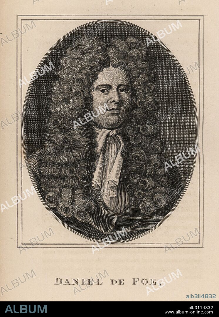Daniel de Foe, author of Robinson Crusoe. Engraving from James Caulfield's Portraits, Memoirs and Characters of Remarkable Persons, London, 1819.