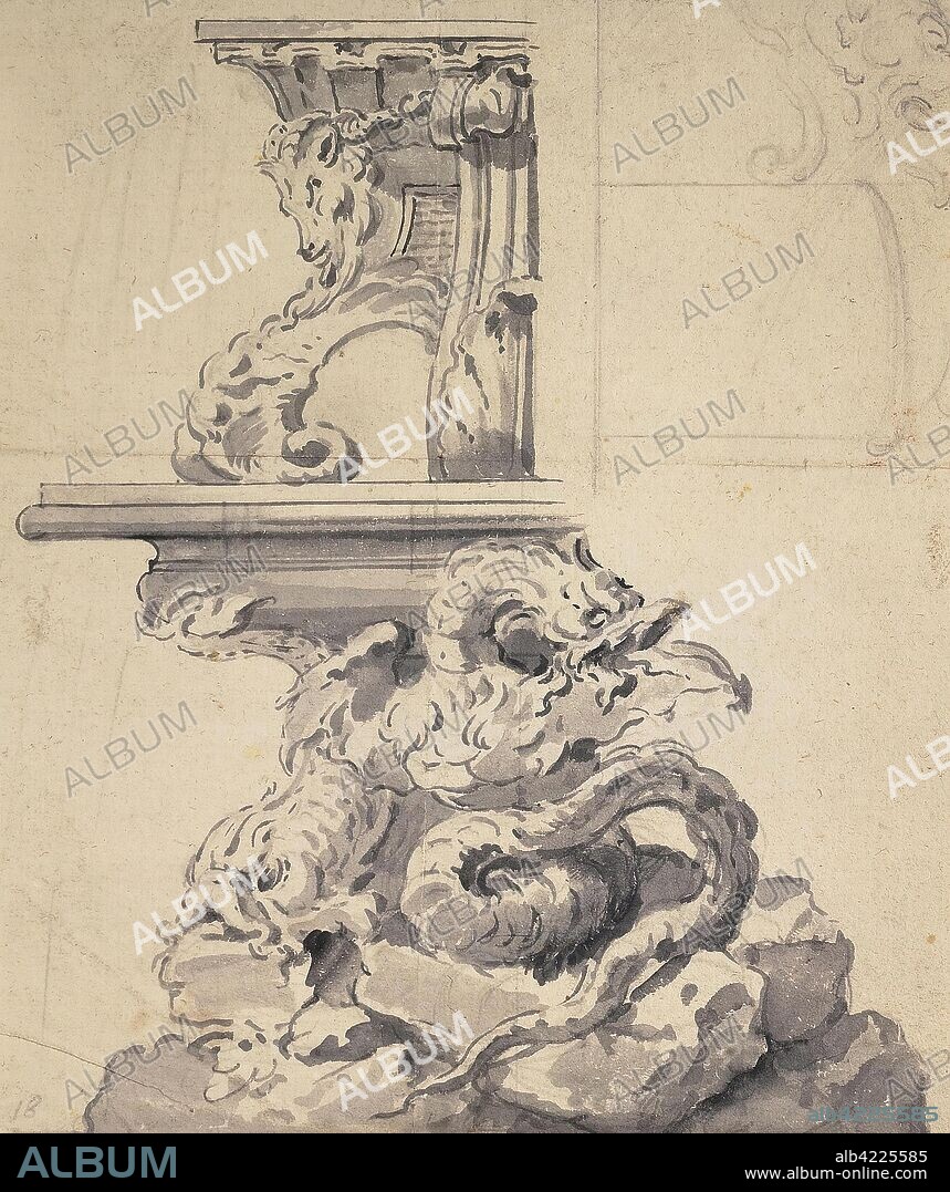 FRENCH PAINTER. 18TH CENTURY and OPPENORT, GILLES-MARIE (AFTER) (? ). 'Design of a Fountain with a Dolphin and a Dragon'. France, 18th century. Dimensions: 19,3x16,2 cm.