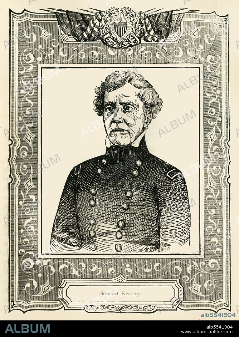 UNKNOWN. 'General Kearny', 1849. American soldier Philip Kearny Jr. fought in the Mexican-American War and the American Civil War. From "Pictorial History of Mexico and the Mexican War", by John Frost, LL.D.. [Thomas, Cowperthwait and Co., Philadelphia, 1849].