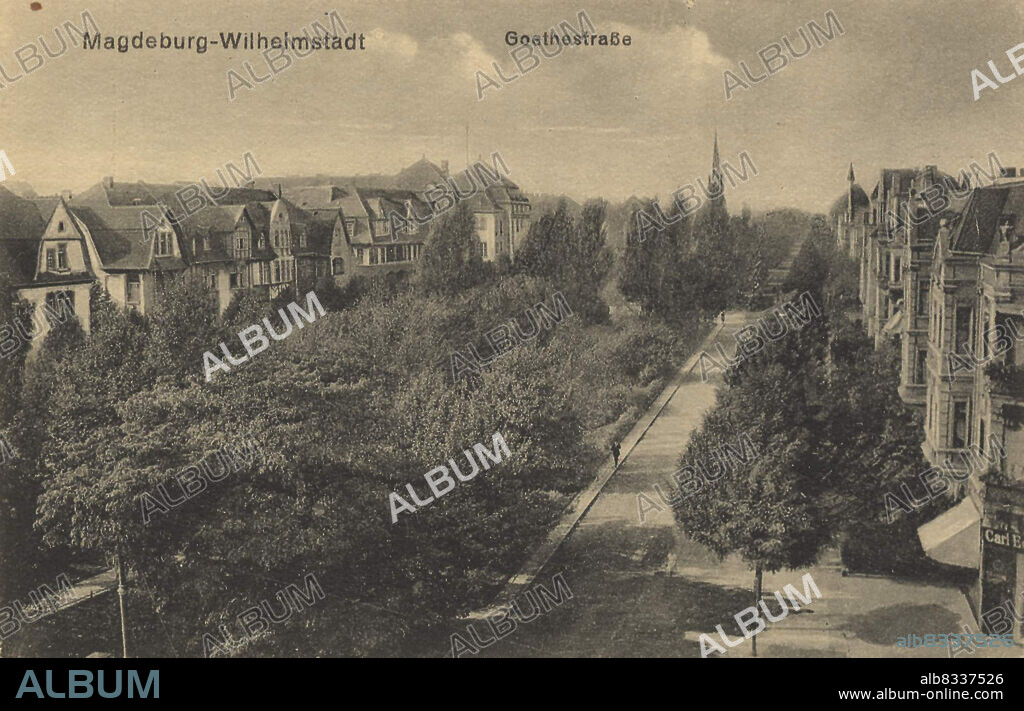 Goethestraüe in Magdeburg Wilhelmstadt, Sachsen-Anhalt, Deutschland, Ansicht um ca 1910, digitale Reproduktion einer historischen Postkarte, public domain, aus der damaligen Zeit, genaues Datum unbekannt.
