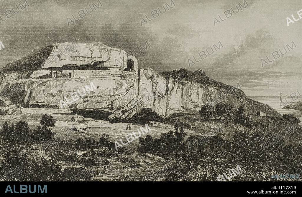 Xaghra, Island of Gozo, Malta. Calypso's Cave. Natural cave in Ramla Bay. It is believed that the island of Gozo would be the same as Ogygia, called Calypso's island in Homer's "Odyssey". The nymph Calypso held Odysseus prisoner for seven years on this island. Engraving. Lemaitre direxit. History of Malta and Gozo, by Frédéric Lacroix. Panorama Universal, Spanish edition, printed in Barcelona, 1850.