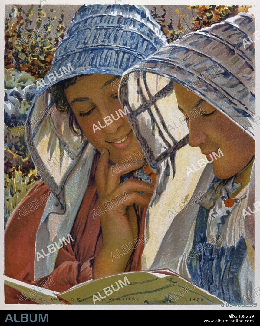 Les Liseuses' (The readers), by Louis Welden Hawkins, lithographic print from L'Estampe moderne, vol. I, Paris, F. Champenois. Louis Welden Hawkins (1849–1910) was born in Germany of English parents, later taking French nationality. He was a detailed Symbolist painter.