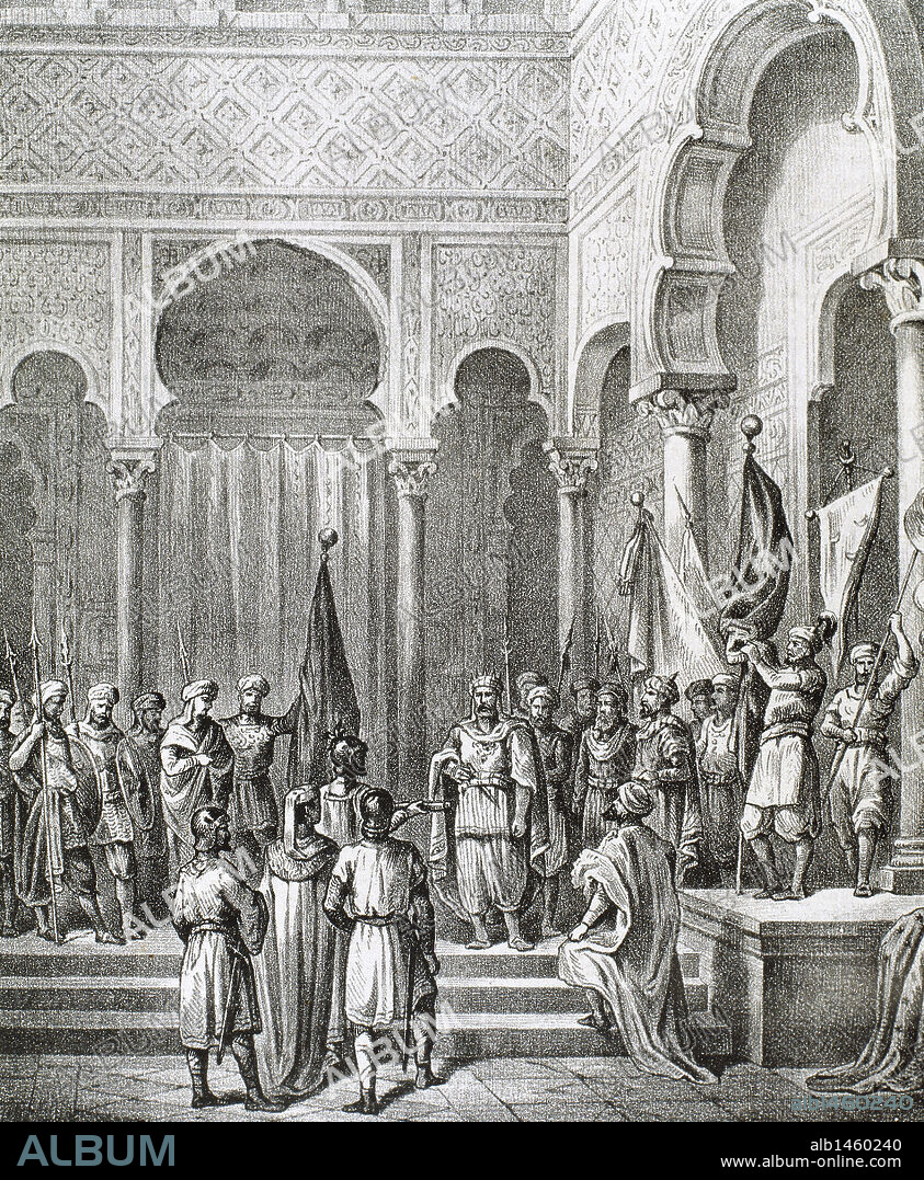 ABDERRAMAN o ABD AL-RAHMAN II (792-852). Emir de Córdoba. "ABDERRAMAN RECIBE A LOS EMBAJADORES VASCOS". Grabado del s. XIX.