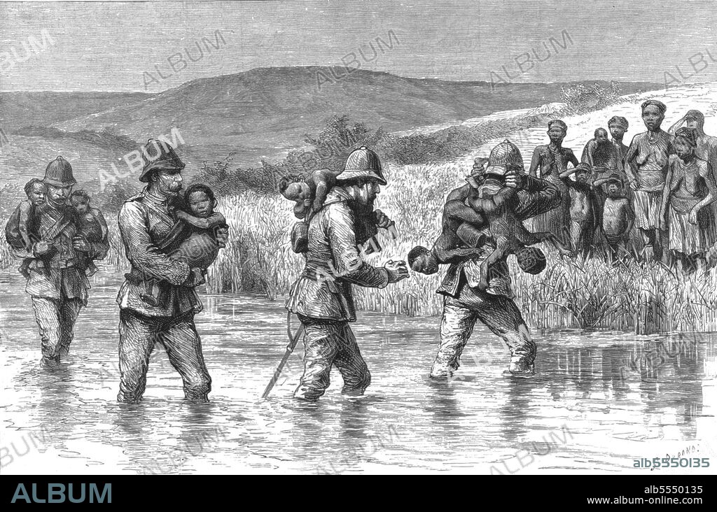 G DURAND. ''The Rebellion of Dinizulu, son of Cetewayo, in Zululand-The relief of N'Dwandwe(after Usibpu's defeat by Dinizulu)--Novel duties for the 6th Dragoons: carrying babies across the black Umvoloost', From, 'The Graphic. An Illustrated Weekly Newspaper Volume 38. July to December, 1888'.