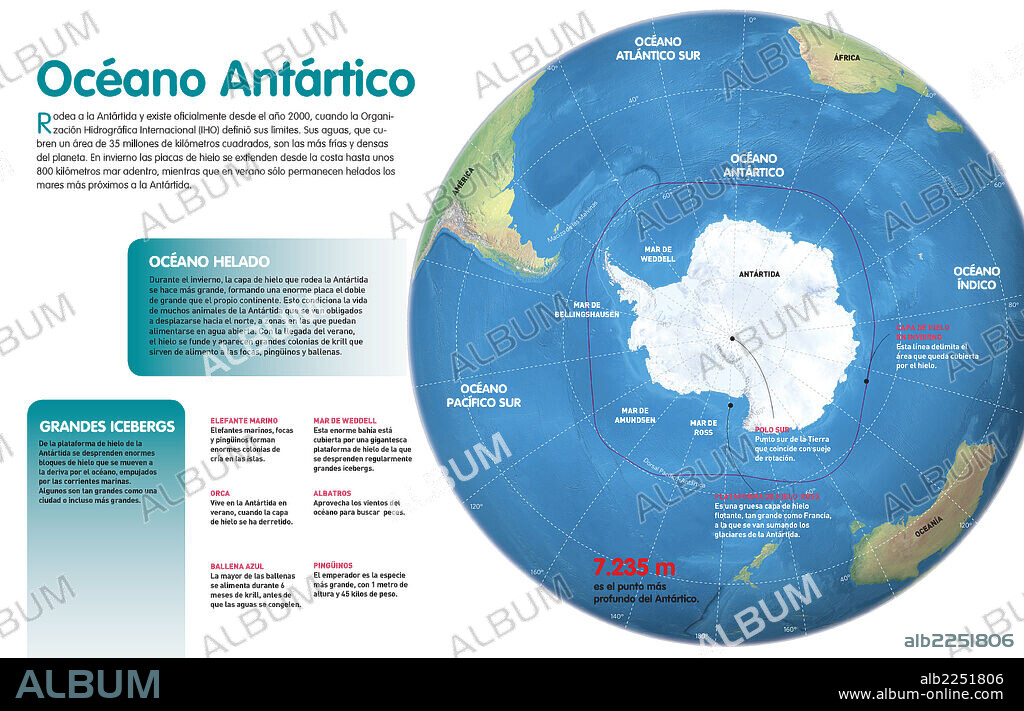 Océano Antártico. Infografía sobre el océano Antártico que rodea la Antártida, sus características geográficas, climáticas y ecológicas.